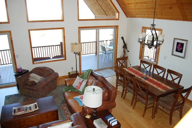 dining area with wooden ceiling, vaulted ceiling, light wood-style floors, and a chandelier