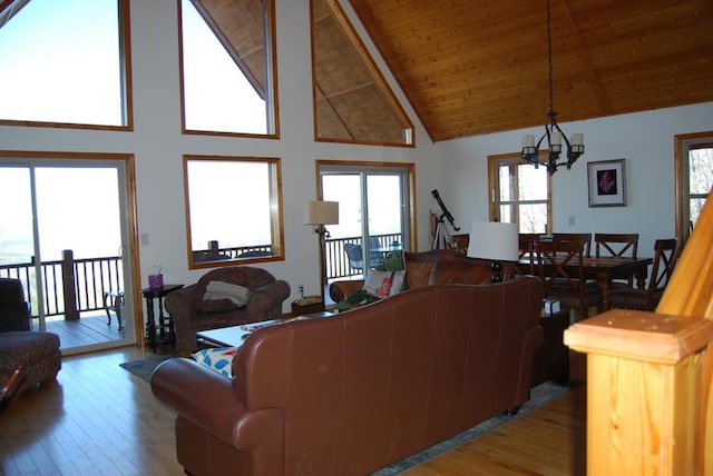 living area featuring light wood finished floors, a chandelier, wooden ceiling, and high vaulted ceiling