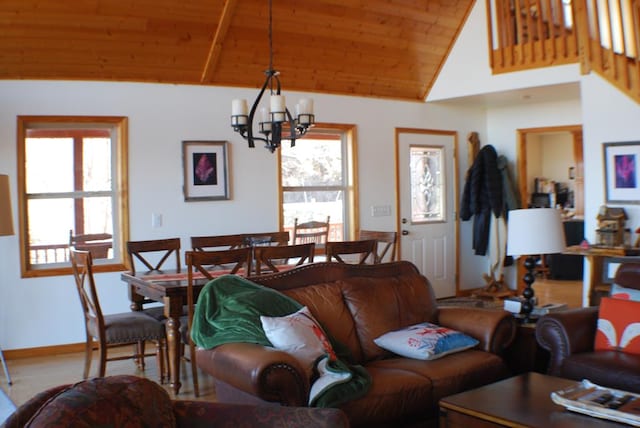 living area featuring baseboards, an inviting chandelier, wooden ceiling, and vaulted ceiling