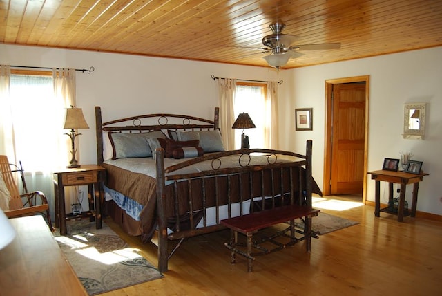 bedroom featuring ornamental molding, wood ceiling, and wood finished floors