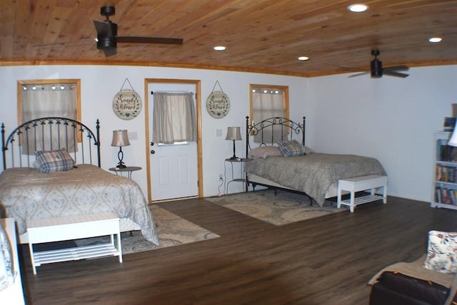 bedroom featuring recessed lighting, wooden ceiling, and wood finished floors