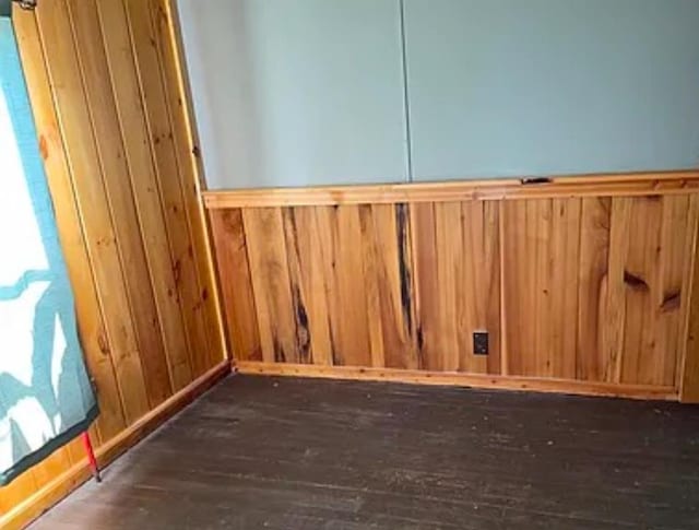 interior space with dark hardwood / wood-style flooring and wooden walls