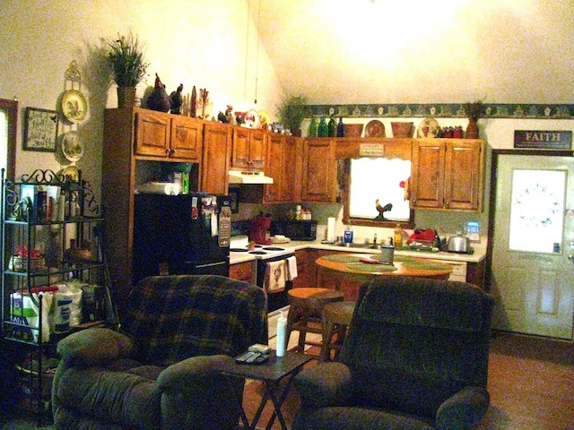 2520 Rd 4748, Hiawassee, GA 30546 - kitchen with white range with electric stovetop, exhaust hood, light countertops, brown cabinets, and freestanding refrigerator