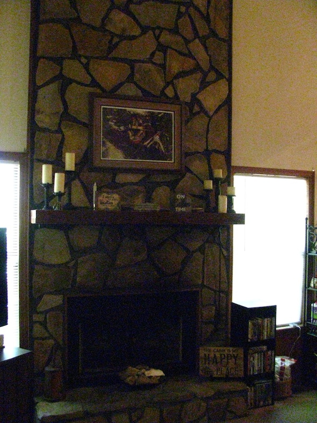 details featuring a stone fireplace