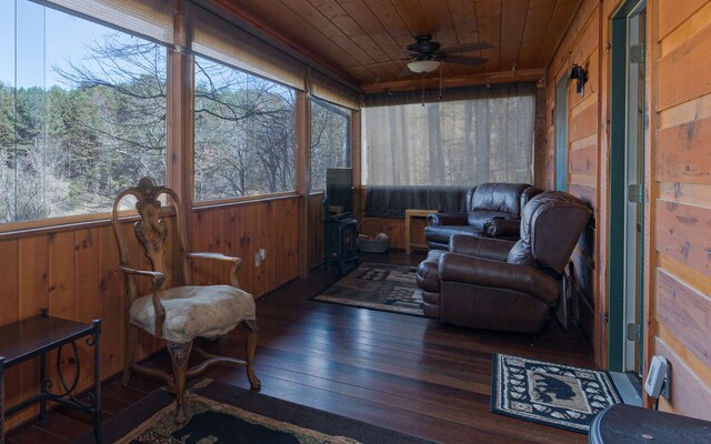 sunroom / solarium with plenty of natural light, wooden ceiling, and ceiling fan