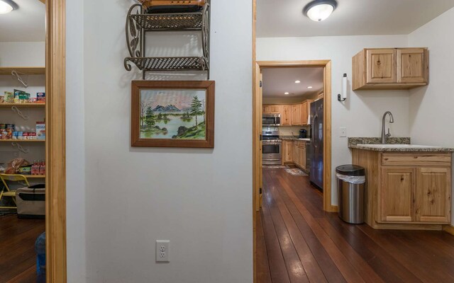 hallway with dark hardwood / wood-style flooring and sink