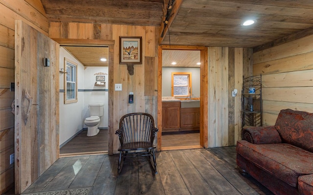 living area featuring wood ceiling, dark hardwood / wood-style floors, and wooden walls