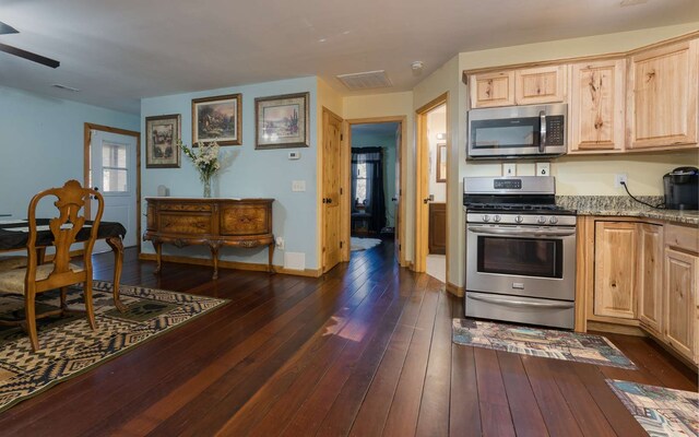 kitchen featuring dark wood-type flooring, stainless steel appliances, and light brown cabinets