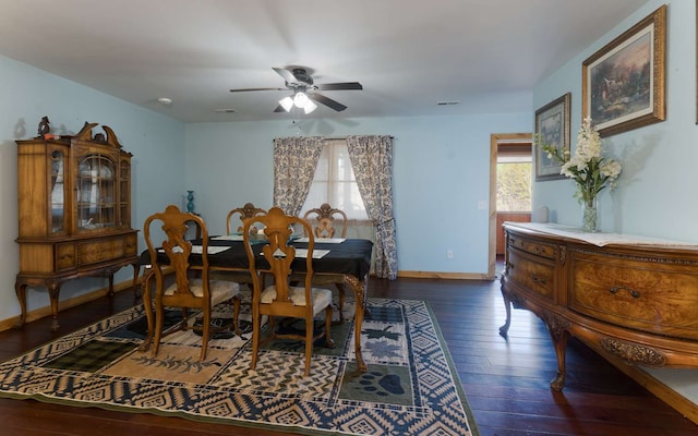 dining area with ceiling fan and dark wood-type flooring