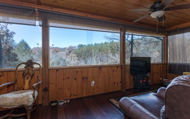 sunroom / solarium with a wood stove, wood ceiling, and ceiling fan