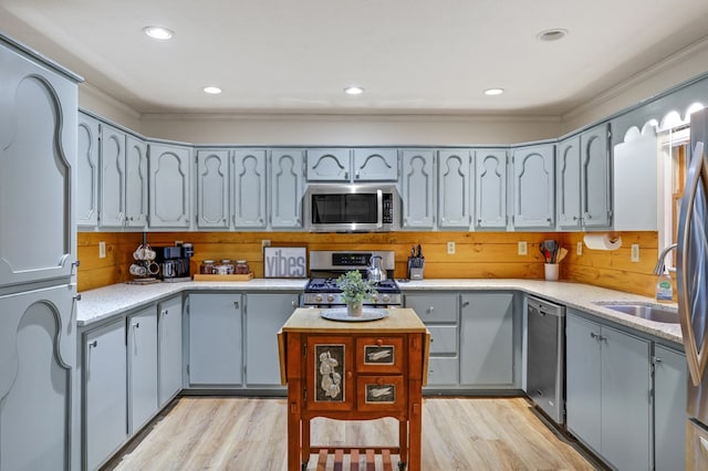 kitchen featuring sink, appliances with stainless steel finishes, and light hardwood / wood-style flooring