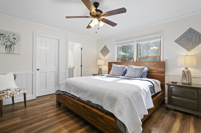 bedroom with ornamental molding, ceiling fan, and dark wood-type flooring