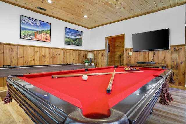 rec room with crown molding, wooden ceiling, wood-type flooring, and billiards