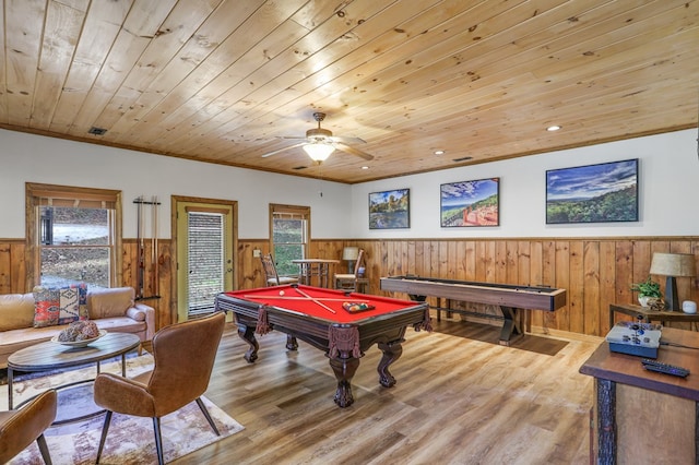 playroom with light hardwood / wood-style floors, wood ceiling, and pool table