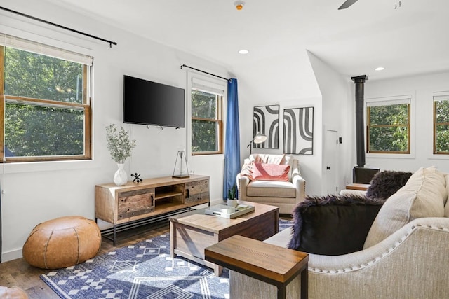 living room with a wealth of natural light, ceiling fan, and wood-type flooring