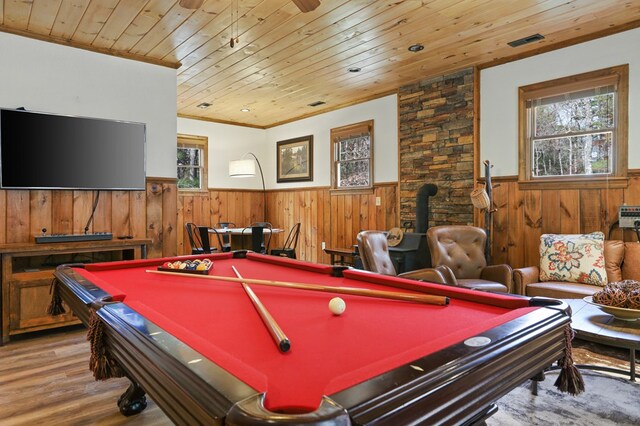 rec room featuring ornamental molding, hardwood / wood-style floors, wood ceiling, and pool table