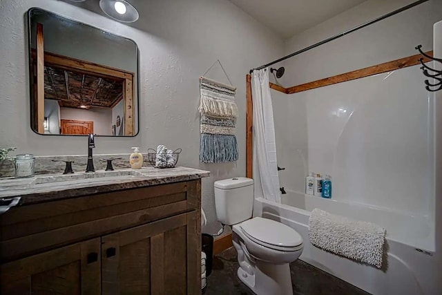 bathroom with shower / bath combo, vanity, and toilet