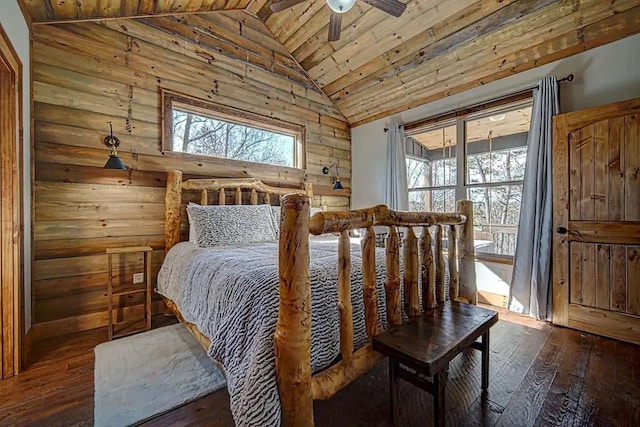 bedroom with lofted ceiling, wood-type flooring, multiple windows, and wooden ceiling