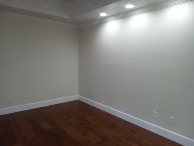 empty room with dark hardwood / wood-style flooring, a raised ceiling, and ornamental molding