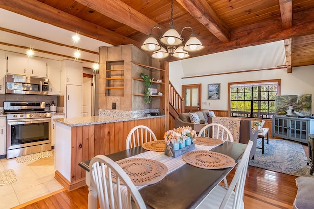 dining room featuring wood ceiling, beam ceiling, a chandelier, stairway, and light wood-type flooring