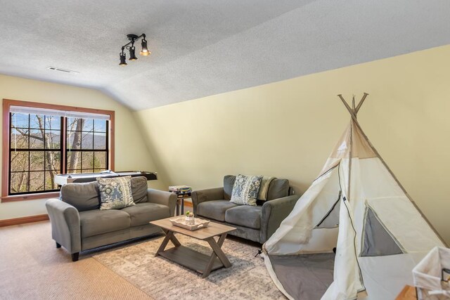 living area with vaulted ceiling, a textured ceiling, carpet flooring, and baseboards
