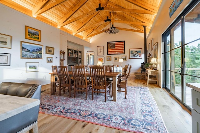 dining area featuring beam ceiling, wooden ceiling, high vaulted ceiling, and wood finished floors