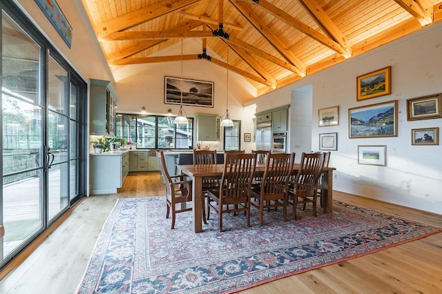 dining room with beam ceiling, light wood-type flooring, wooden ceiling, and high vaulted ceiling