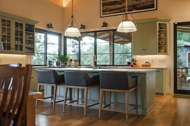 kitchen featuring a kitchen breakfast bar, plenty of natural light, and light wood-style flooring