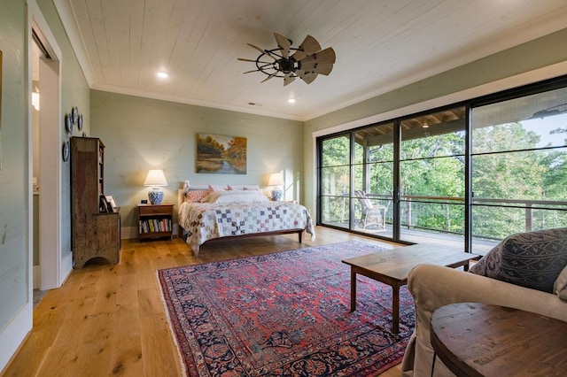 bedroom with light wood-type flooring, ornamental molding, a ceiling fan, access to outside, and wood ceiling