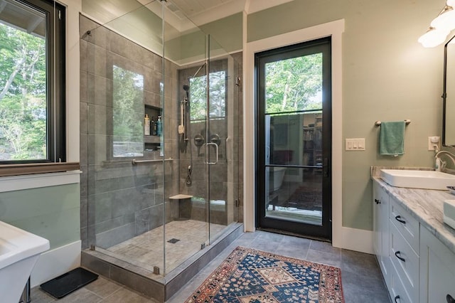 full bath featuring vanity, a shower stall, and a healthy amount of sunlight