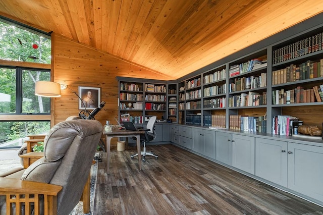 office with built in shelves, lofted ceiling, dark wood-type flooring, wood ceiling, and wood walls