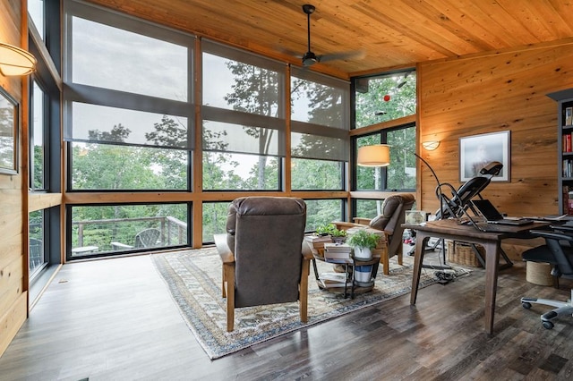 sunroom featuring wood ceiling and a ceiling fan