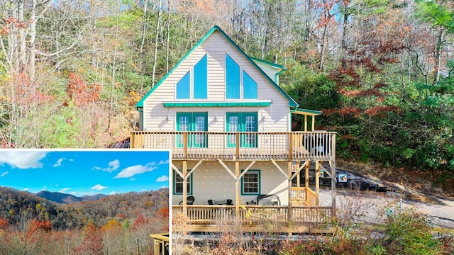 exterior space featuring a deck with mountain view and french doors