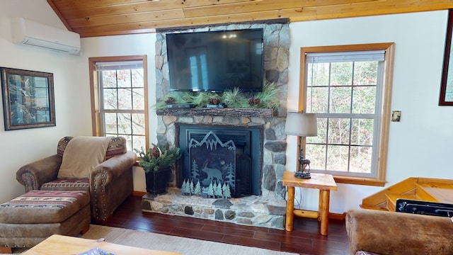 living room with lofted ceiling, a fireplace, wooden ceiling, and an AC wall unit