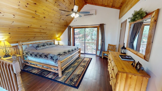 bedroom with wood ceiling, multiple windows, dark hardwood / wood-style floors, access to outside, and an AC wall unit