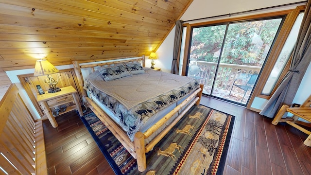 bedroom with dark hardwood / wood-style floors, wood ceiling, access to exterior, and vaulted ceiling