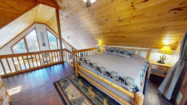 bedroom with vaulted ceiling, dark wood-type flooring, and wooden ceiling