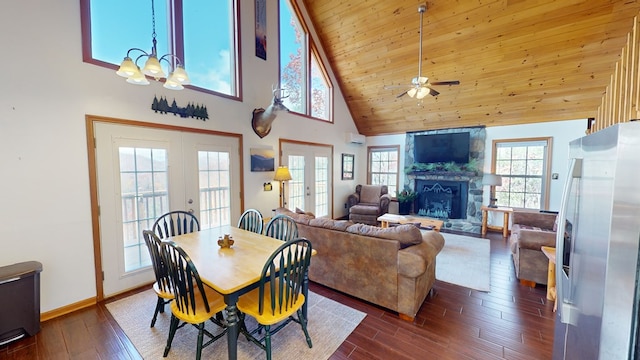 dining room with wood ceiling, high vaulted ceiling, dark hardwood / wood-style floors, a fireplace, and french doors