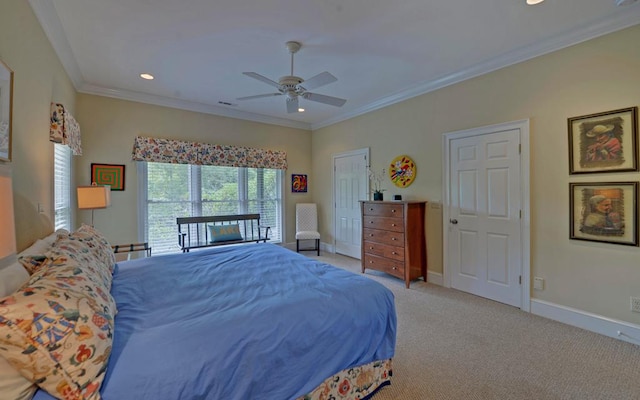 bedroom with ornamental molding, light colored carpet, and ceiling fan