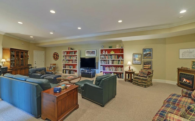 carpeted living room featuring ornamental molding