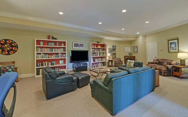 carpeted living room with crown molding