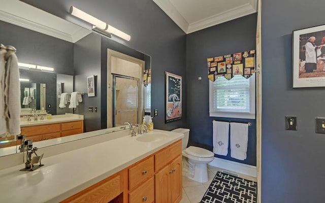 bathroom featuring a shower with door, vanity, ornamental molding, tile patterned floors, and toilet