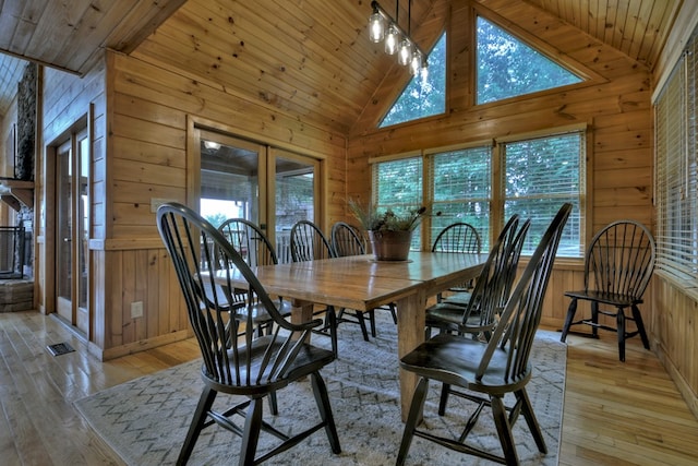 dining space with wooden walls, light wood-style floors, and wood ceiling