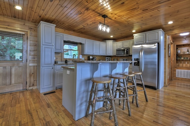 kitchen featuring light wood-type flooring, stainless steel appliances, wooden ceiling, a kitchen island, and visible vents