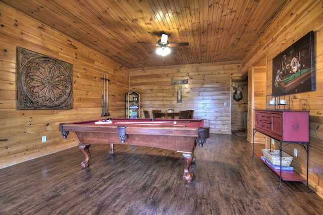 playroom featuring wooden ceiling, pool table, wooden walls, wood finished floors, and ceiling fan