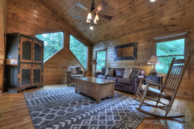 living area featuring wooden ceiling, wooden walls, and wood-type flooring