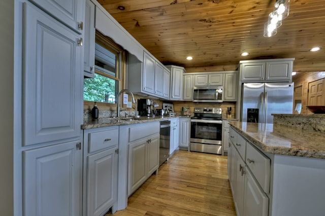 kitchen featuring recessed lighting, light wood-type flooring, wood ceiling, a sink, and appliances with stainless steel finishes