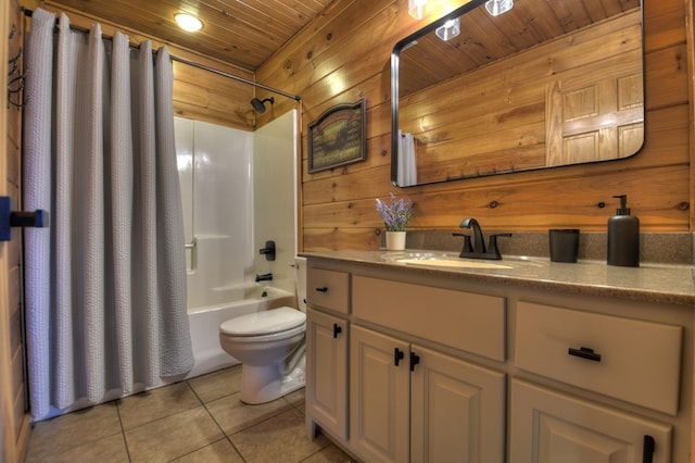 full bath featuring tile patterned floors, toilet, wood ceiling, shower / tub combo with curtain, and wooden walls