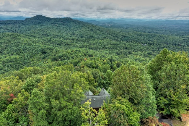 aerial view featuring a forest view and a mountain view