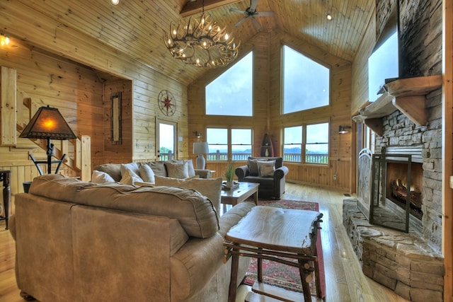 living area featuring high vaulted ceiling, wooden ceiling, a fireplace, wood walls, and light wood-style flooring